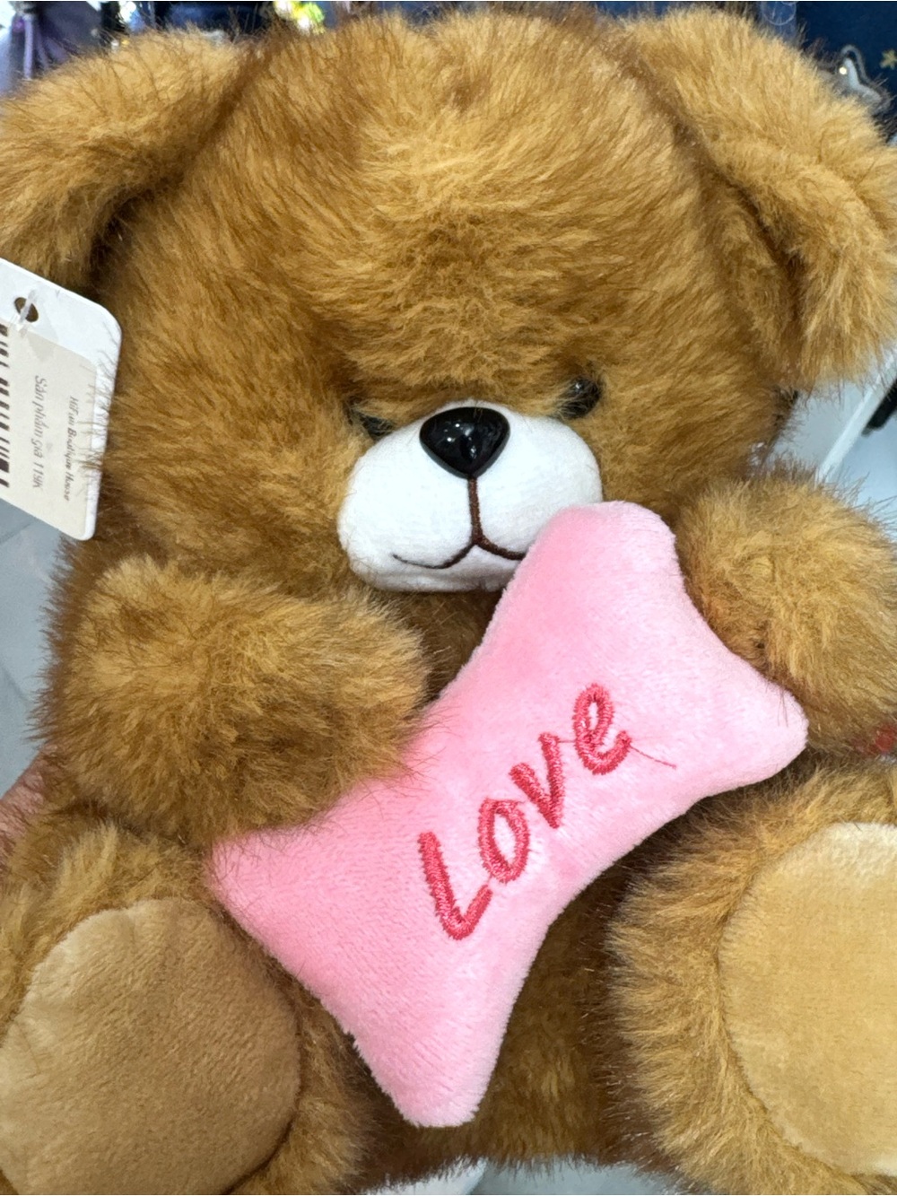 Plush Brown Teddy Bear Holding Pink 'Love' Pillow